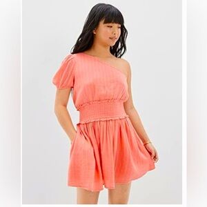 NWT American Eagle Coral Smocked One Shoulder Mini Dress Sz XS